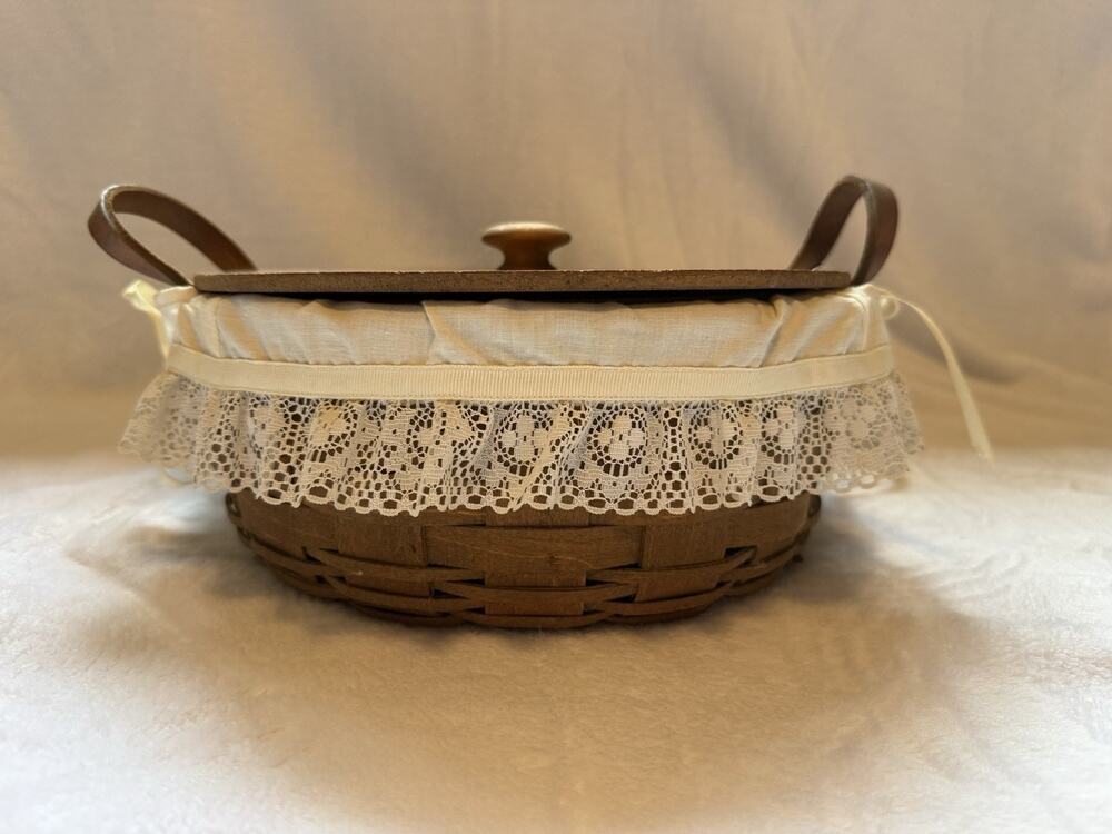 Vintage 1984 Longaberger Basket With Cloth & Lid Leather Handles